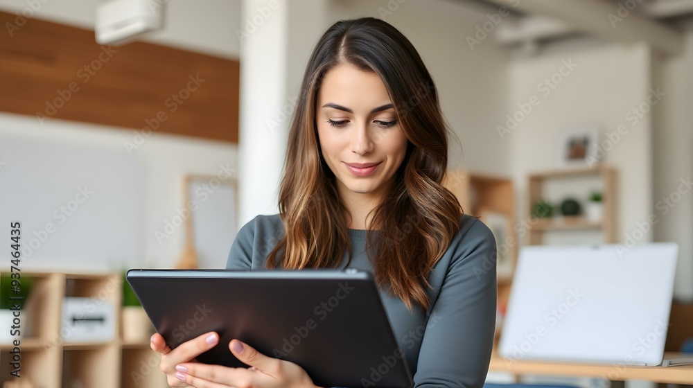 Young Caucasian Woman Working on Tablet in Office Young Caucasian Woman Working on Tablet in Office