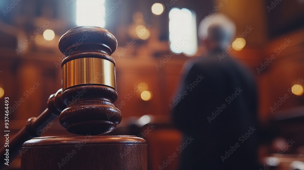 Close-up of a gavel in a courtroom, with a blurred figure in the background, justice in action Close-up of a gavel in a courtroom, with a blurred figure in the background, justice in action