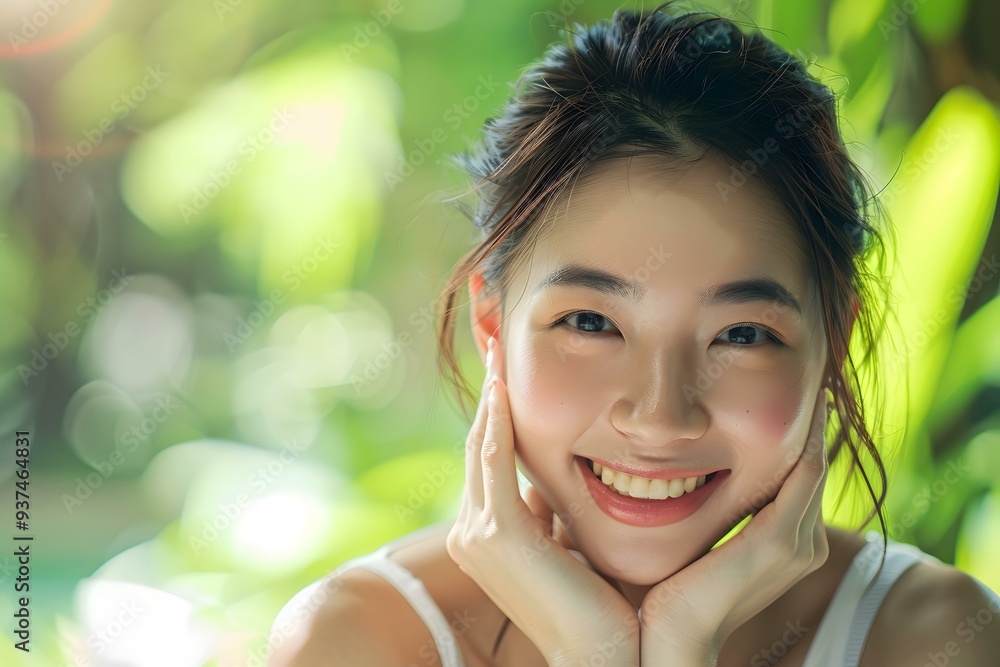 Beautiful Asian Woman Smiling in a Green Natural Background Beautiful Asian Woman Smiling in a Green Natural Background