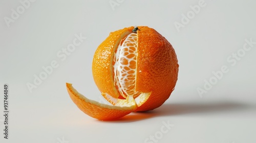 Fresh Orange with Peeled Segment and Peel on White Background