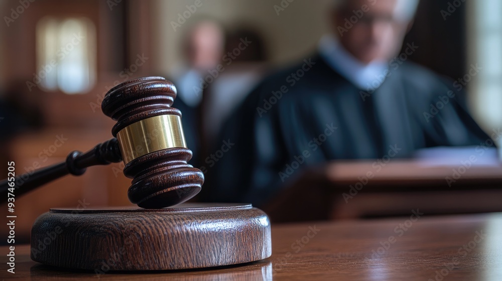 Close-up of a judge's gavel on a wooden block, blurred judge in the background, courtroom setting Close-up of a judge's gavel on a wooden block, blurred judge in the background, courtroom setting