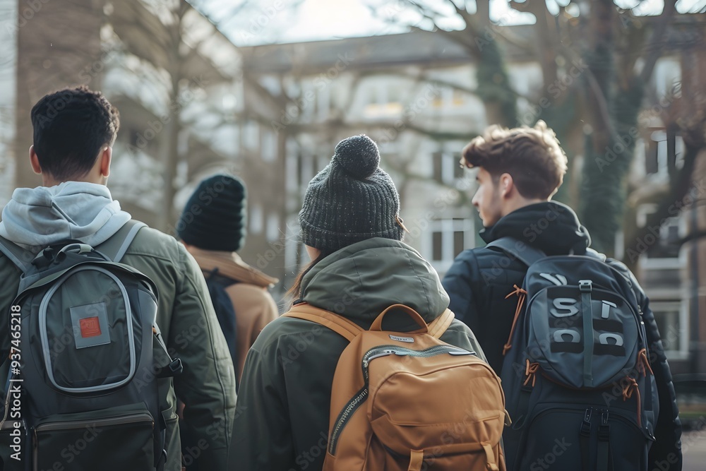 Group of Students Walking Down the Street with Backpacks Group of Students Walking Down the Street with Backpacks