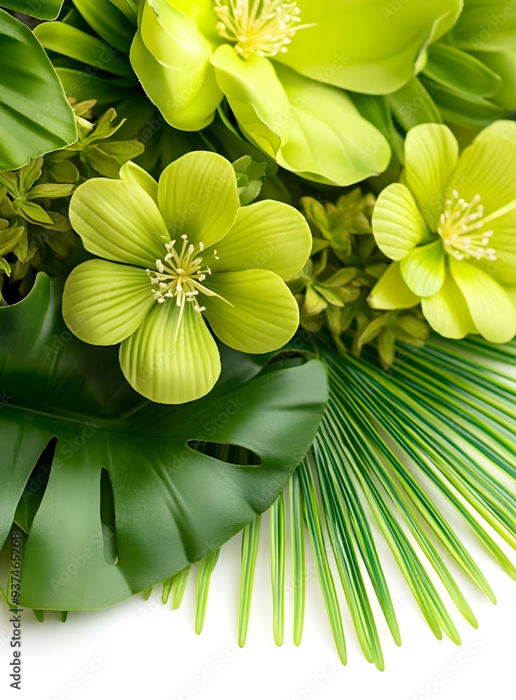 Green Leaves and Flowers on White Background