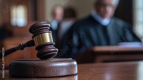 Wallpaper Mural Close-up of a judge's gavel on a wooden block, blurred judge in the background, courtroom setting Torontodigital.ca