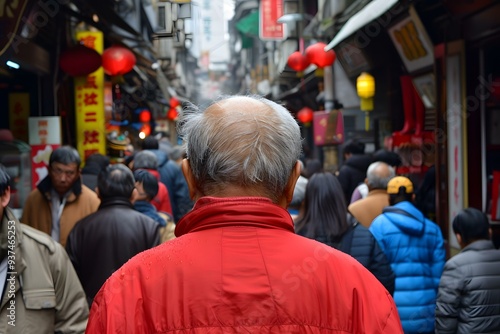 Back View of a Man Walking Through a Crowded Street Market in China