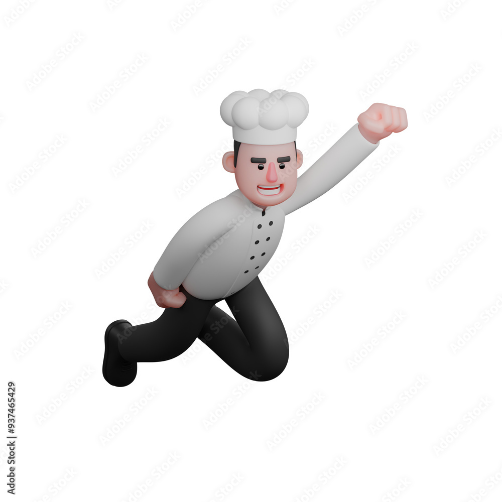 Chef's Daily Routine in 3D. A chef is posing like a superhero, with one knee on the ground and one hand raised forward as if flying. Male Cartoon Chef's Daily Routine in 3D. A chef is posing like a superhero, with one knee on the ground and one hand raised forward as if flying. Male Cartoon