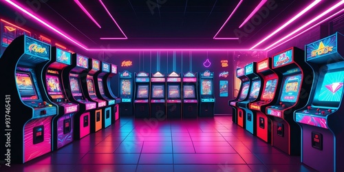 synthwave illustration of a gaming arcade background