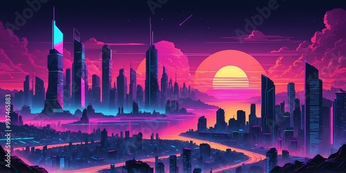 synthwave illustration of a city for banner background