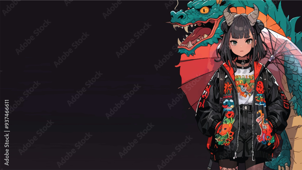 ILLUSTRATION OF BEAUTIFUL YOUNG GIRL IN HARAJUKU CLOTHING AND DRAGON BACKGROUND ILLUSTRATION OF BEAUTIFUL YOUNG GIRL IN HARAJUKU CLOTHING AND DRAGON BACKGROUND