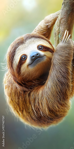 Sleepy sloth hanging from a tree limb photo