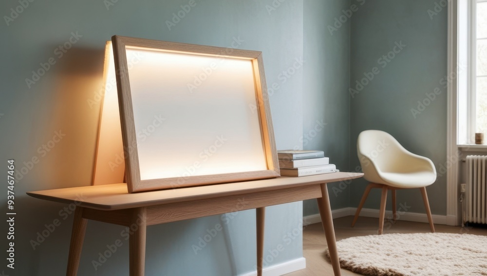 Fototapeta premium A modern room featuring a lighted frame on a table, accompanied by a chair and books.