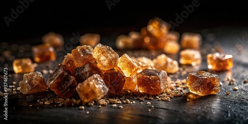 Dramatic low-key lighting on brown sugar crystals on black stone surface, sharp focus, moody atmosphere, mysterious shadows, dramatic composition. photo