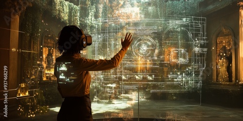 Detailed view of an augmented VR environment, real-world objects enhanced with digital information, user interacting with both realms