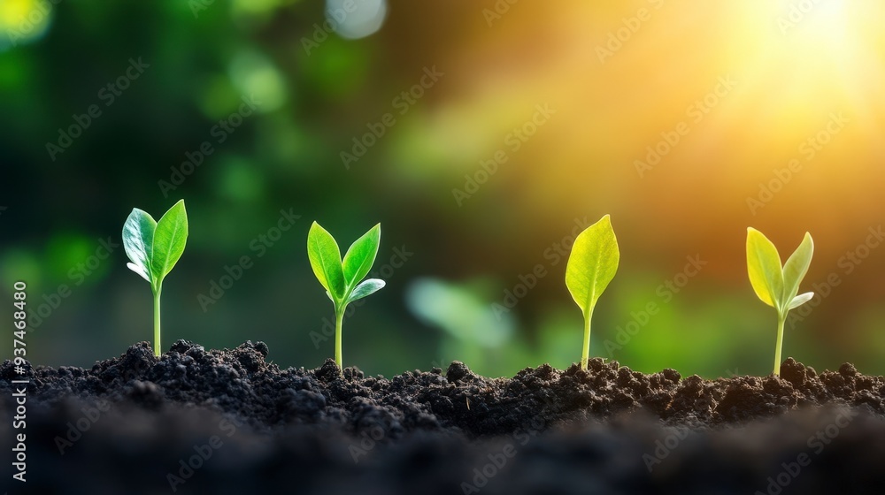 Four green seedlings growing in rich soil with sun shining in the background. Four green seedlings growing in rich soil with sun shining in the background.