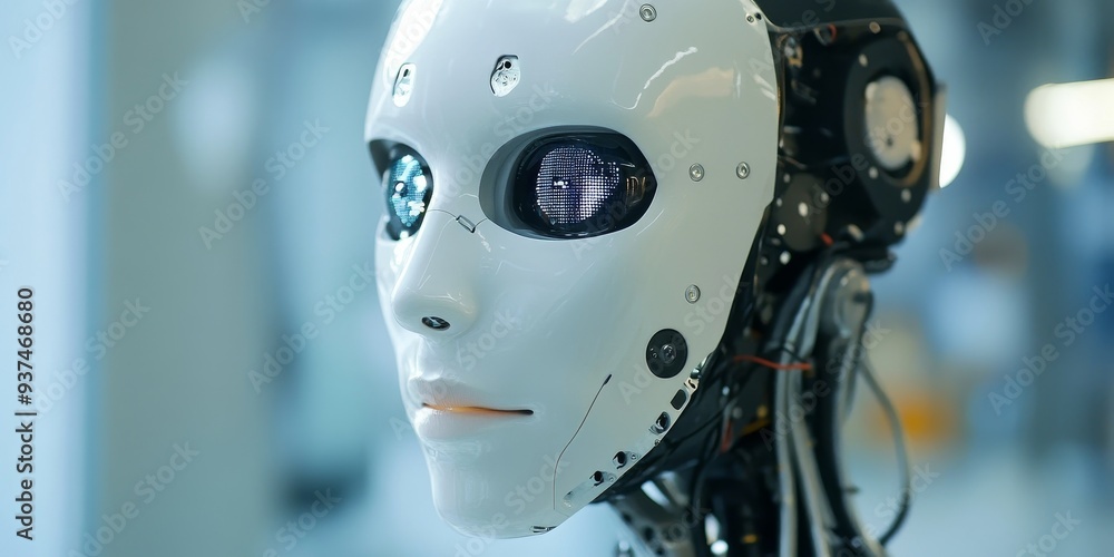 Detailed view of a humanoid robot's face, AI-powered recognition system active, lifelike expressions and high-tech design Detailed view of a humanoid robot's face, AI-powered recognition system active, lifelike expressions and high-tech design