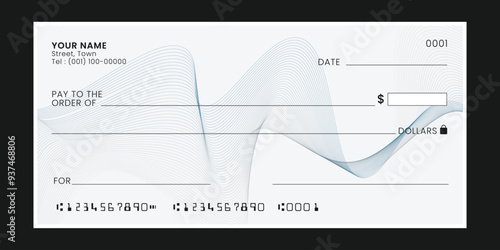 Blank bank check, checkbook cheque template or money payment paper voucher, mockup. Vector