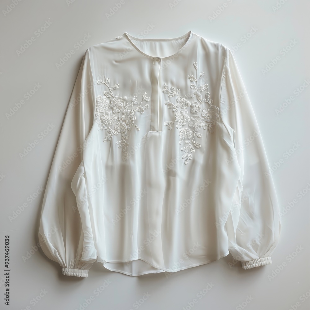 White long-sleeved blouse with delicate floral embroidery on the front. White long-sleeved blouse with delicate floral embroidery on the front.