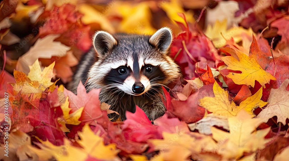 Mischievous raccoon emerging from a pile of red and yellow autumn leaves in park Mischievous raccoon emerging from a pile of red and yellow autumn leaves in park