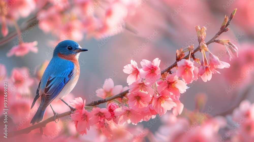 Bluebird Perched on a Branch with Pink Blossoms Bluebird Perched on a Branch with Pink Blossoms