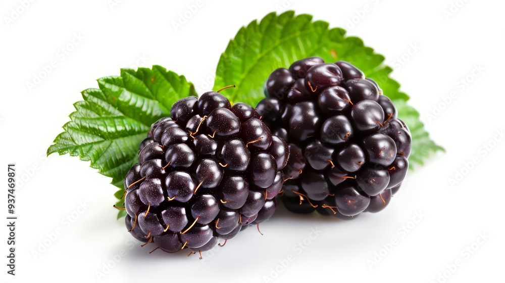 Two Fresh Blackberries with Green Leaves on White Background Two Fresh Blackberries with Green Leaves on White Background