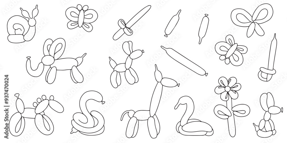 Set of inflatable toys from twisted balloons in doodle style. Design element for greeting card, invitation card, print, flyer, banner. Vector Set of inflatable toys from twisted balloons in doodle style. Design element for greeting card, invitation card, print, flyer, banner. Vector