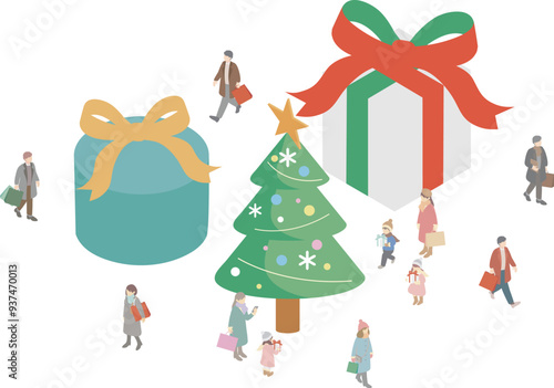 アイソメトリック　クリスマス　サンタクロース　ツリー　ファミリー　キッズ　人物　イラスト素材セット