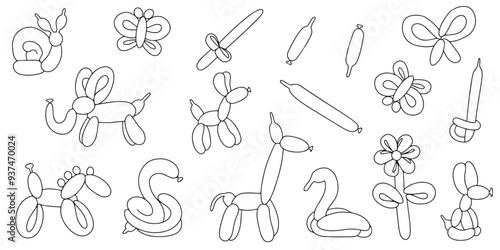 Set of inflatable toys from twisted balloons in doodle style. Design element for greeting card, invitation card, print, flyer, banner. Vector