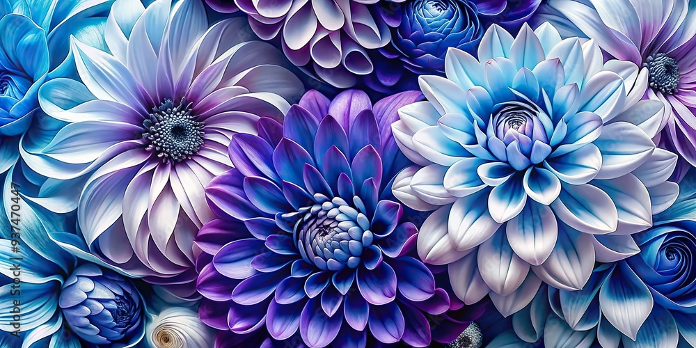 Floral Fusion: Intertwined, swirling blooms in shades of blue, purple, and white, shot from directly above, with a bold, graphic composition and a sense of dynamic energy. Floral Fusion: Intertwined, swirling blooms in shades of blue, purple, and white, shot from directly above, with a bold, graphic composition and a sense of dynamic energy.