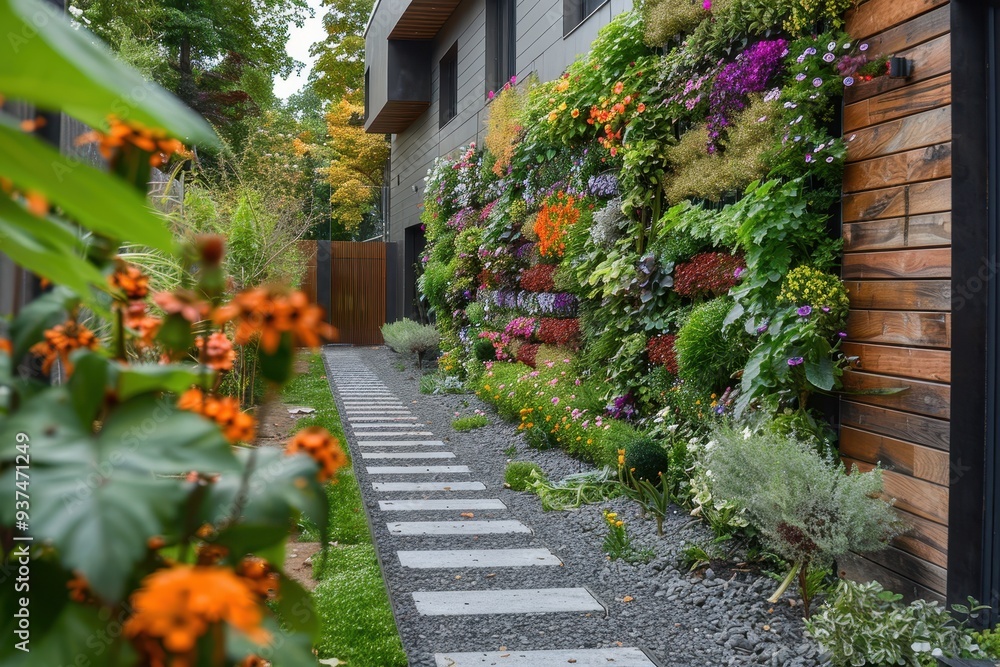 Modern Home with Vibrant Vertical Garden and Stone Path Modern Home with Vibrant Vertical Garden and Stone Path