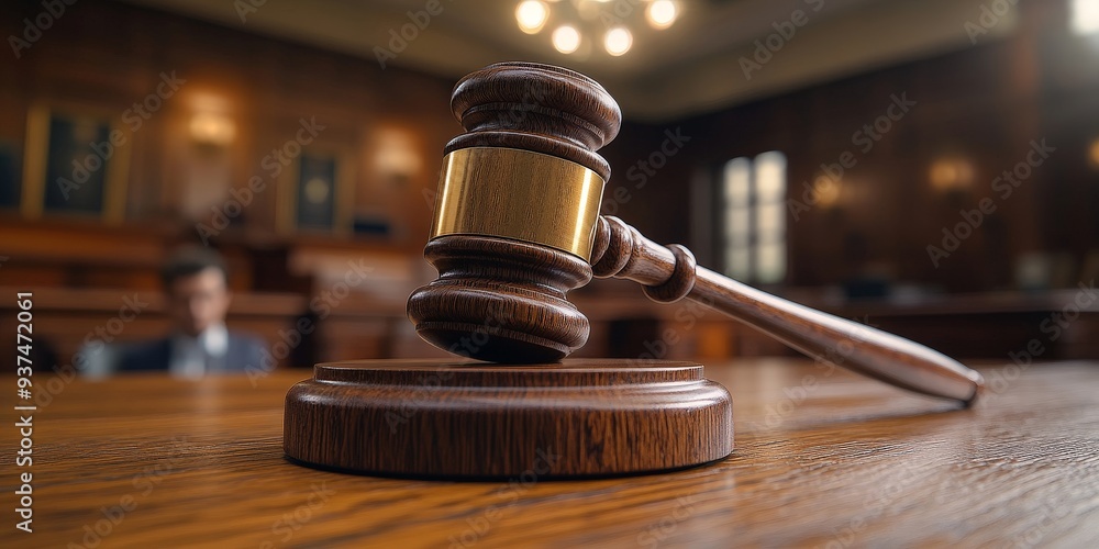 Obraz premium Judge's Hammer in Focus with Blurred Background of a Concerned Child