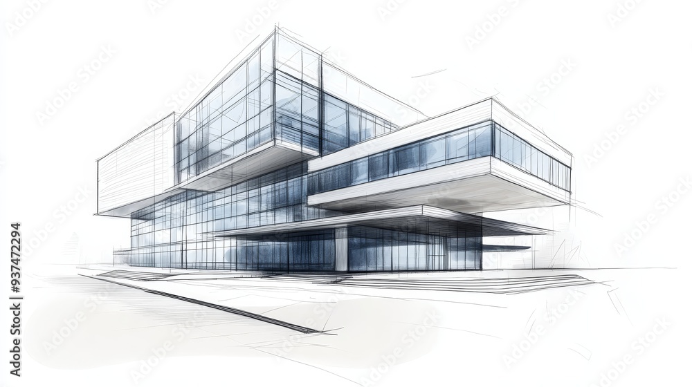 Modern architectural sketch showcasing a sleek building design with glass and angular shapes in a minimalist style. Modern architectural sketch showcasing a sleek building design with glass and angular shapes in a minimalist style.