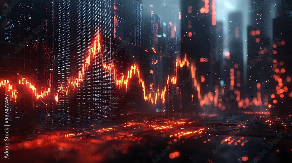 Naklejka premium Red stock market chart on cityscape background, blending the dynamic world of finance with the vibrant energy of urban life.