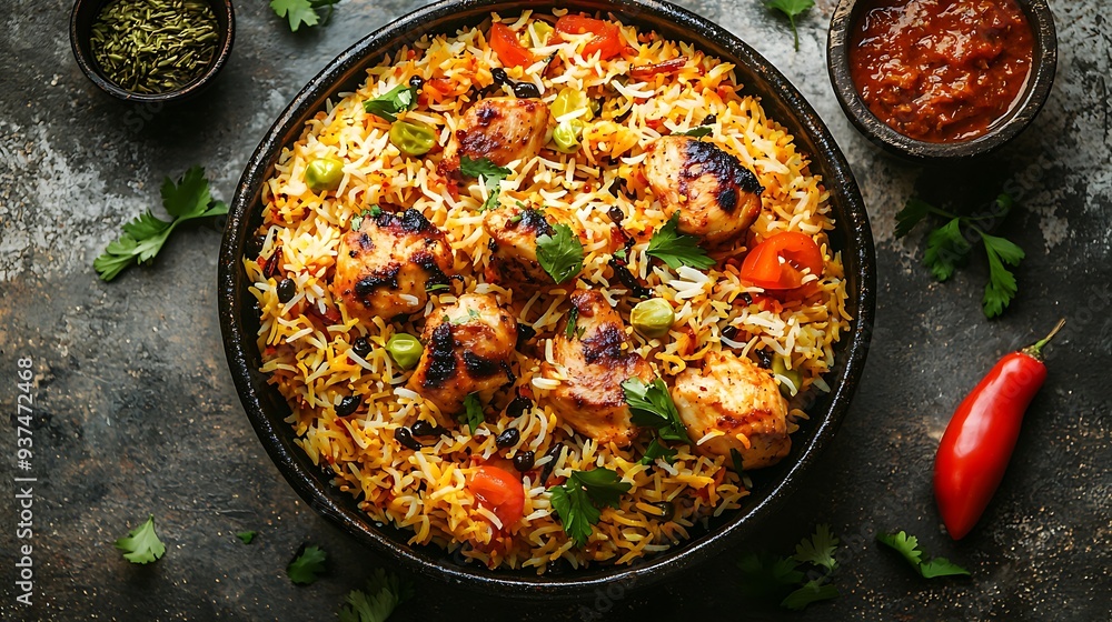 Delicious chicken biryani with spicy sauce, capturing the rich and aromatic flavors of a classic Indian dish in a visually appetizing presentation. Delicious chicken biryani with spicy sauce, capturing the rich and aromatic flavors of a classic Indian dish in a visually appetizing presentation.