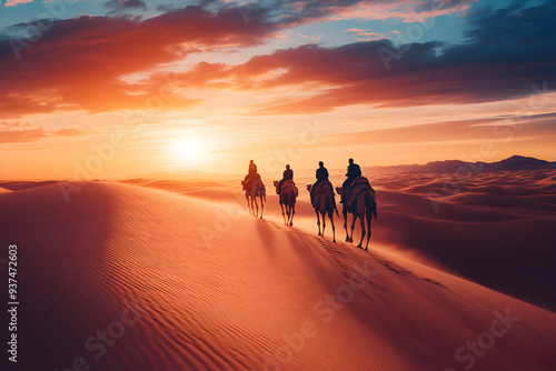 A stunning sunset over endless desert dunes, with silhouettes of camels and riders creating a serene and captivating scene.