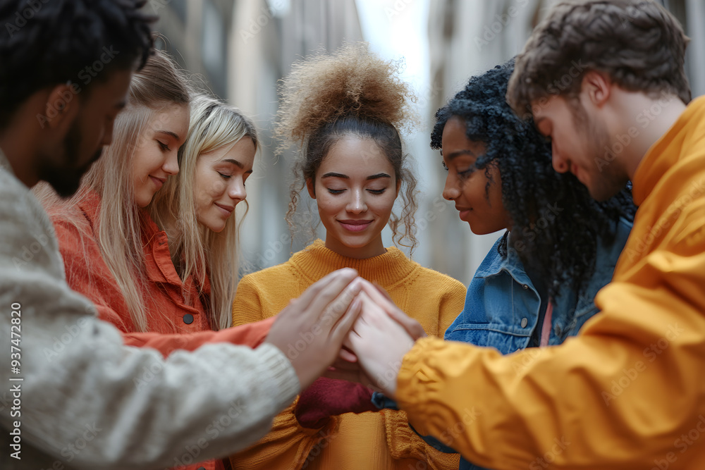 A diverse group of young adults standing close together, smiling, and joining hands in a circle, symbolizing unity, friendship, and community. A diverse group of young adults standing close together, smiling, and joining hands in a circle, symbolizing unity, friendship, and community.