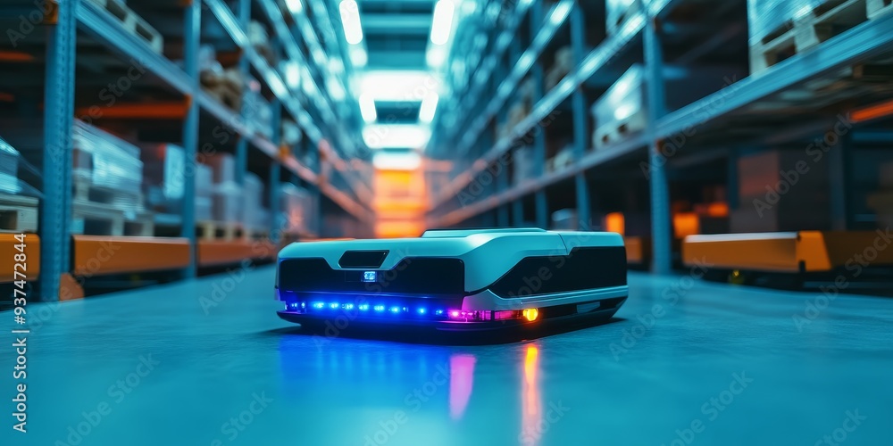 a robotic system in a warehouse, AI-driven automation optimizing inventory management and logistics a robotic system in a warehouse, AI-driven automation optimizing inventory management and logistics