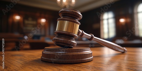 Judge's Hammer in Focus with Blurred Background of a Concerned Child