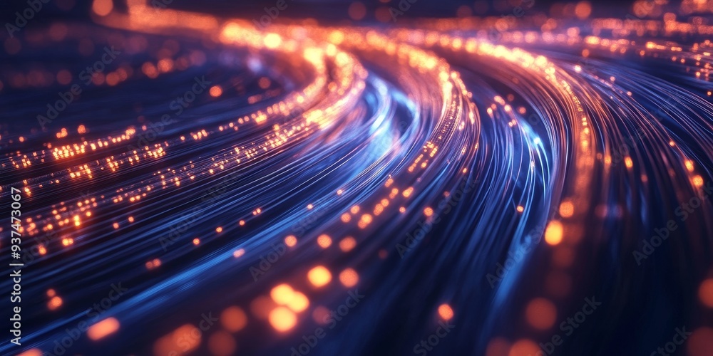 fiber optic cables transmitting data, bright light pulses visualized as high-speed data streams fiber optic cables transmitting data, bright light pulses visualized as high-speed data streams