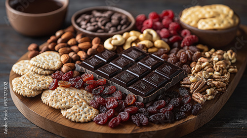 A beautifully arranged charcuterie board featuring dark chocolate, nuts, dried fruits, and whole-grain crackers, perfect for a brain-boosting snack, with copy space