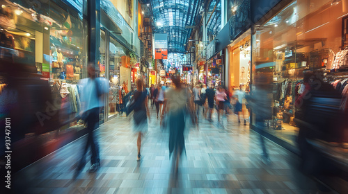 A dynamic city shopping mall scene with a bustling crowd in motion, showcasing a vibrant retail environment filled with energy, fashion, and modern urban lifestyle.