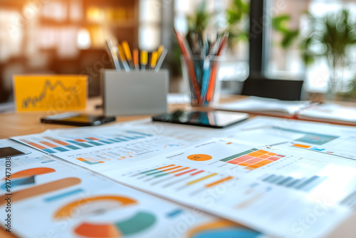 A bright, modern office desk with financial charts and graphs spread out, representing business analysis, financial planning, and data-driven decision-making in a professional setting.