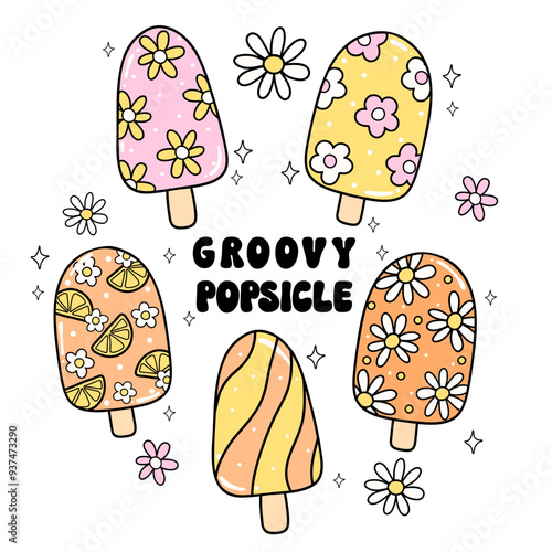 Groovy Retro Popsicle Doodle Set Trendy Funky Ice Cream Summer Outline Drawing