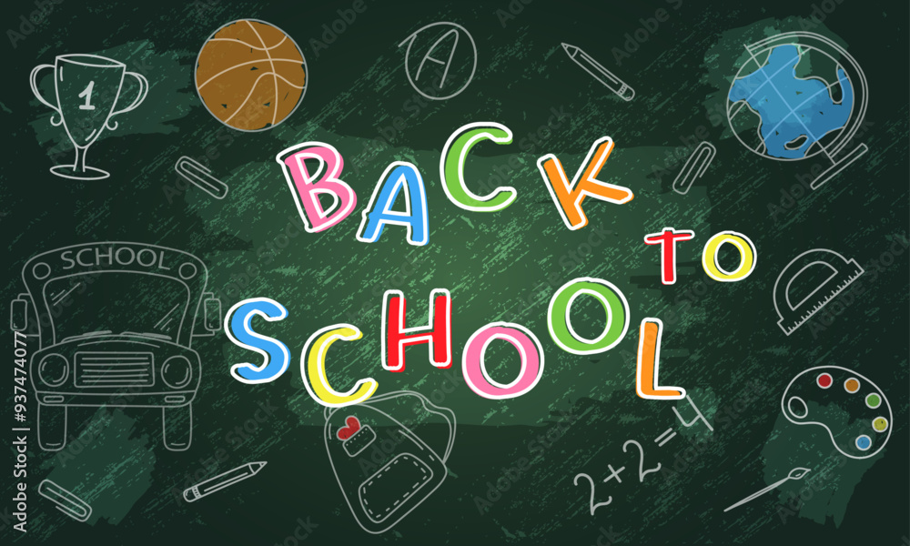 Back to School Doodles on the Green Chalkboard, Concept of Education Banner, Colorful Letters, School Doodles, Vector Illustration Back to School Doodles on the Green Chalkboard, Concept of Education Banner, Colorful Letters, School Doodles, Vector Illustration
