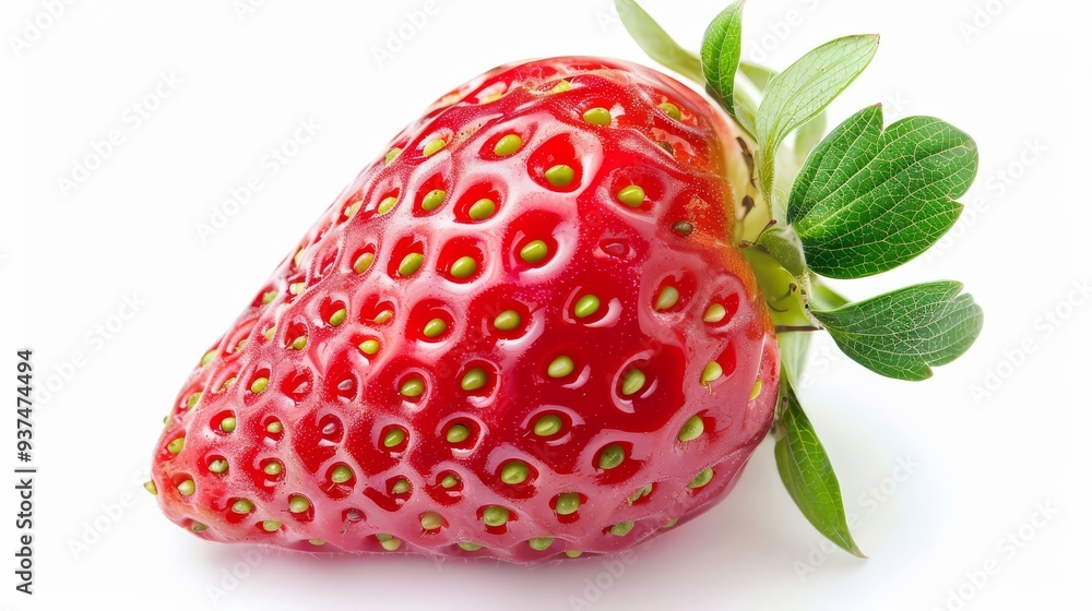 Single Ripe Red Strawberry with Green Stem on White Background Single Ripe Red Strawberry with Green Stem on White Background