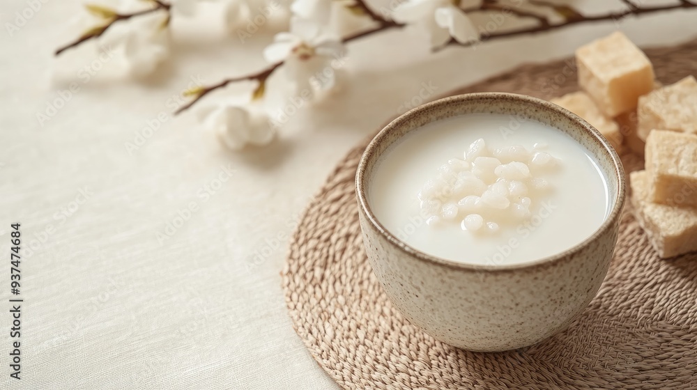 Korean traditional rice wine (makgeolli) in a ceramic cup with rice cakes, leaving space for text above. Korean traditional rice wine (makgeolli) in a ceramic cup with rice cakes, leaving space for text above.