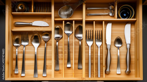 Cutlery set in bamboo trays in kitchen drawer. Keeping steel spoons, knives, forks and other utensilin organizer box