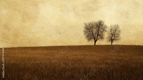 Landscape with two trees on a field, perfect for calm and minimalist designs.