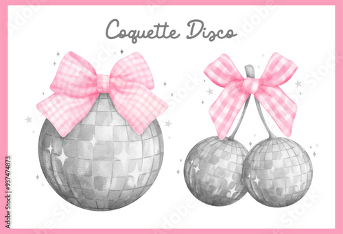 Trendy Cpquette Silver Disco ball cherries pink ribbon bow Watercolor set