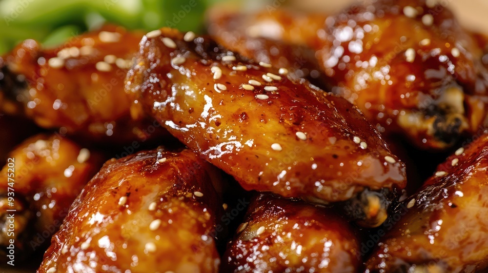 Korean yangnyeom chicken wings with a shiny glaze, leaving room on the side for custom text Korean yangnyeom chicken wings with a shiny glaze, leaving room on the side for custom text