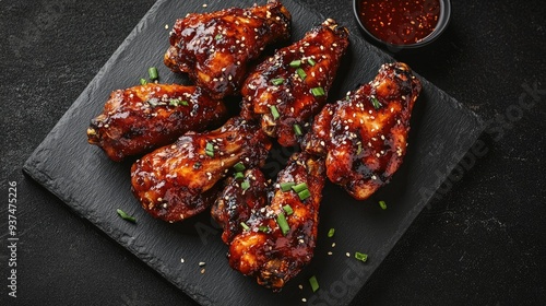 Korean yangnyeom chicken wings with a shiny glaze, leaving room on the side for custom text photo